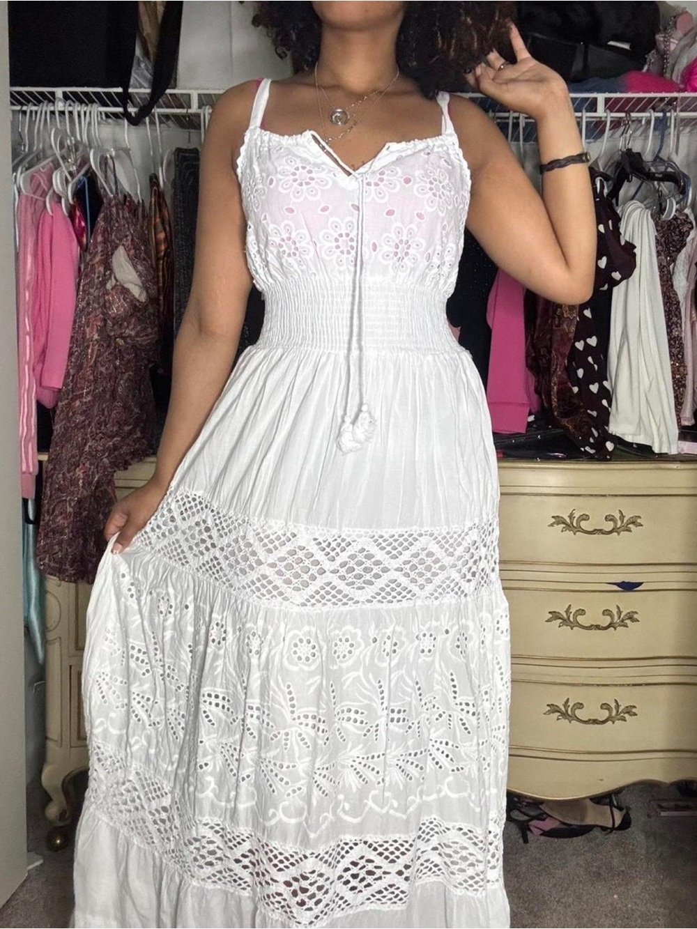 White Eyelet Maxi Sundress - Sleeveless Smocked Waist